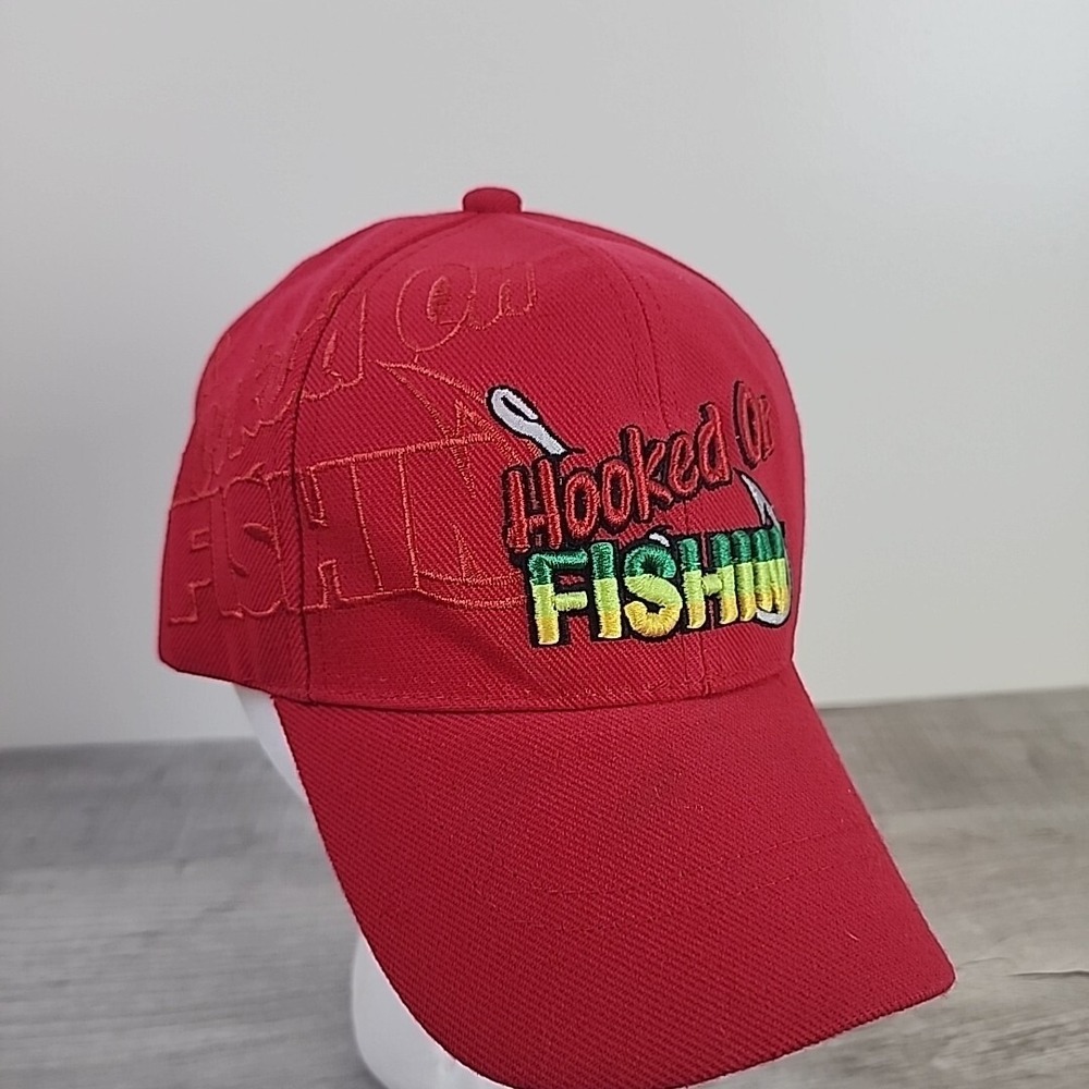 Hooked On Fishin Fishing Adult Ball Cap Red Acrylic Embroidered Hook Loop